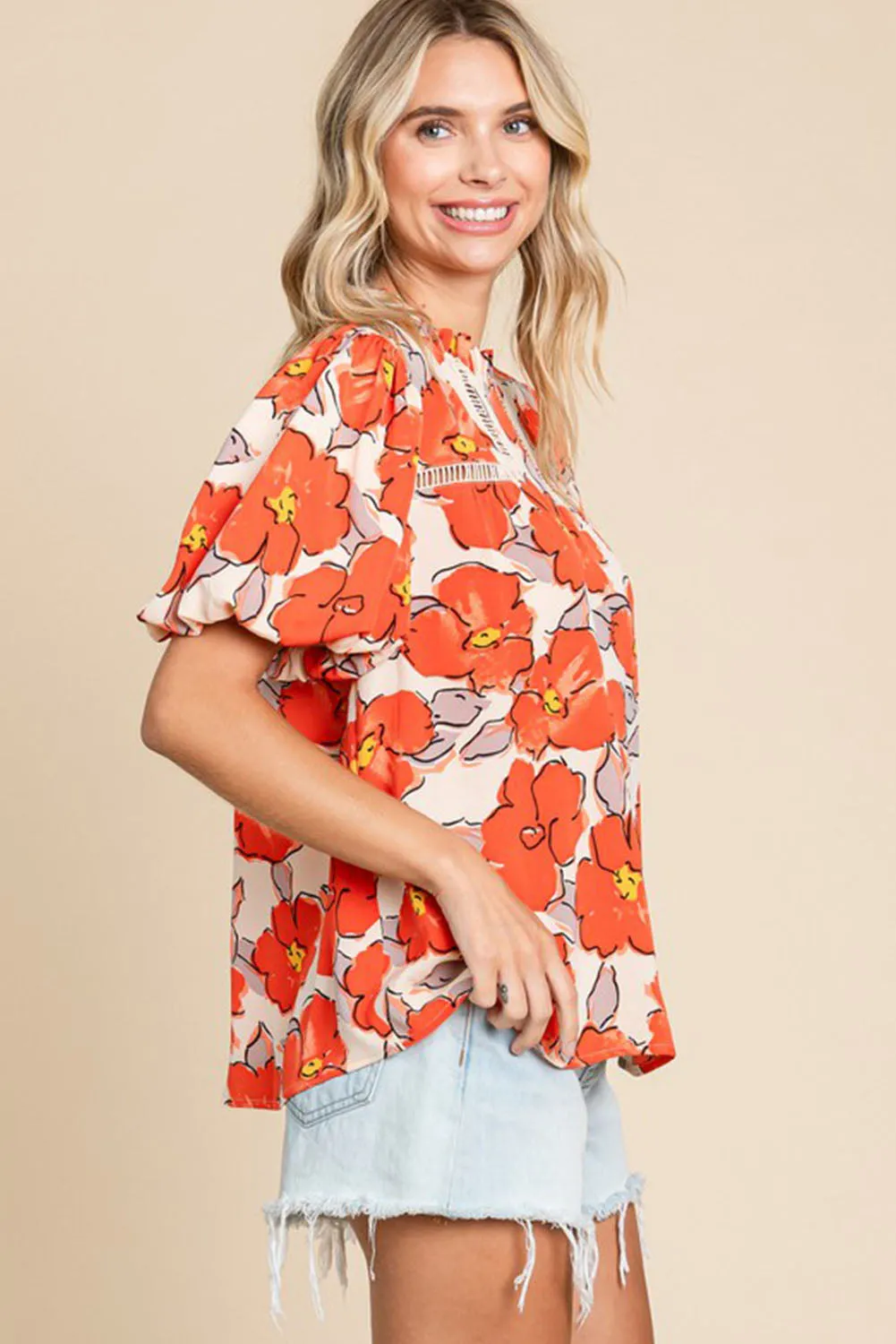 Orange Floral Bubble Sleeve Frill Neck Hollowed Blouse