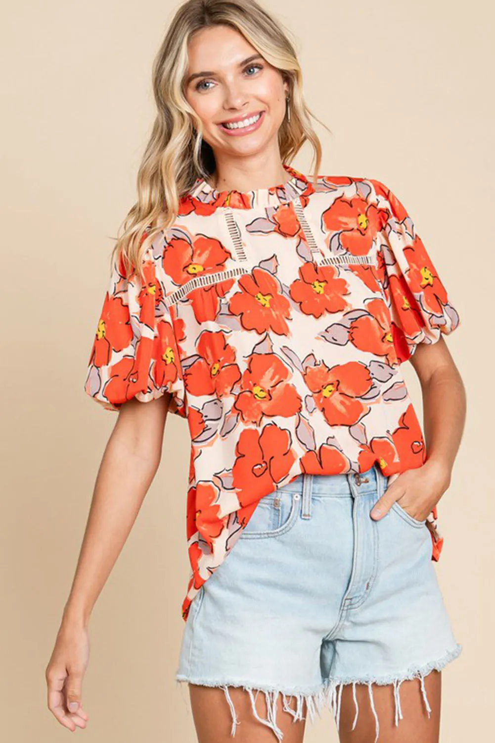 Orange Floral Bubble Sleeve Frill Neck Hollowed Blouse