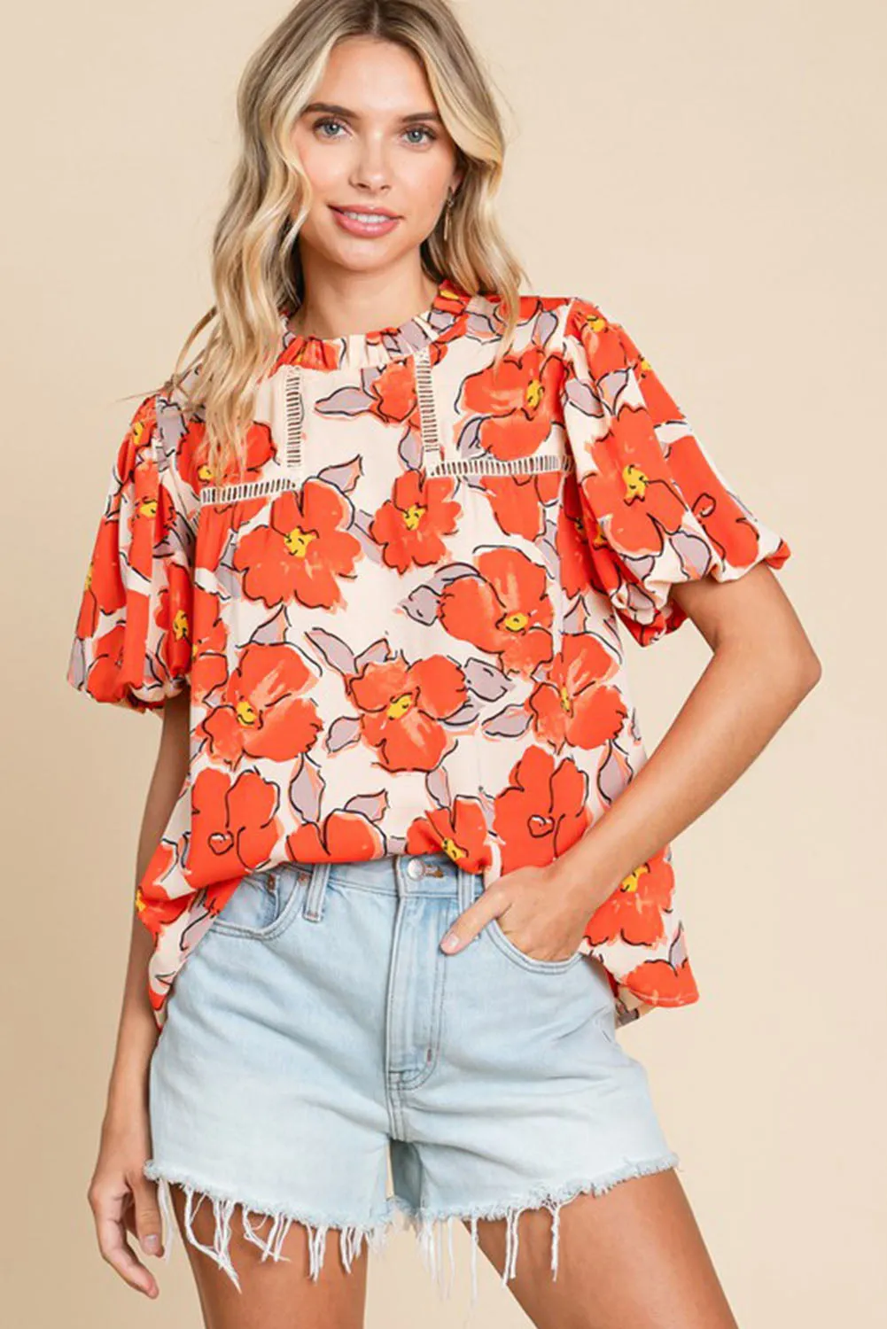 Orange Floral Bubble Sleeve Frill Neck Hollowed Blouse