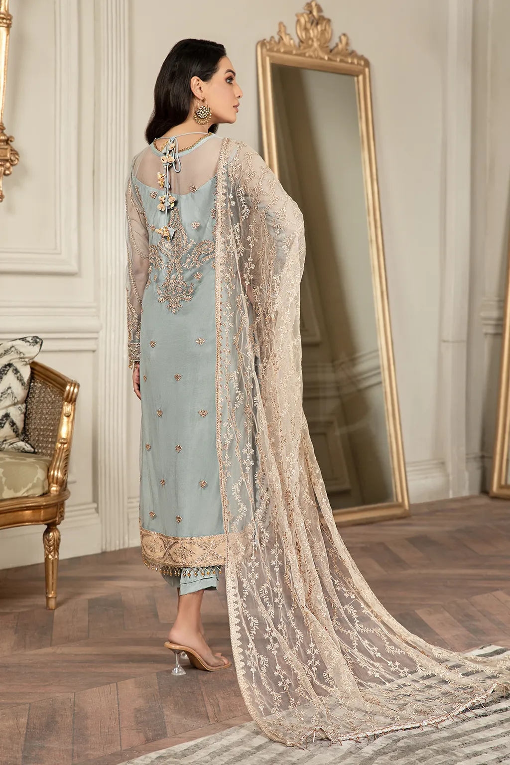 Pakistani Embroidered Sky Blue Kameez in Capri Style Party Wear