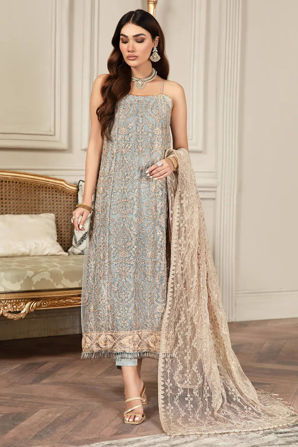 Pakistani Embroidered Sky Blue Kameez in Capri Style Party Wear