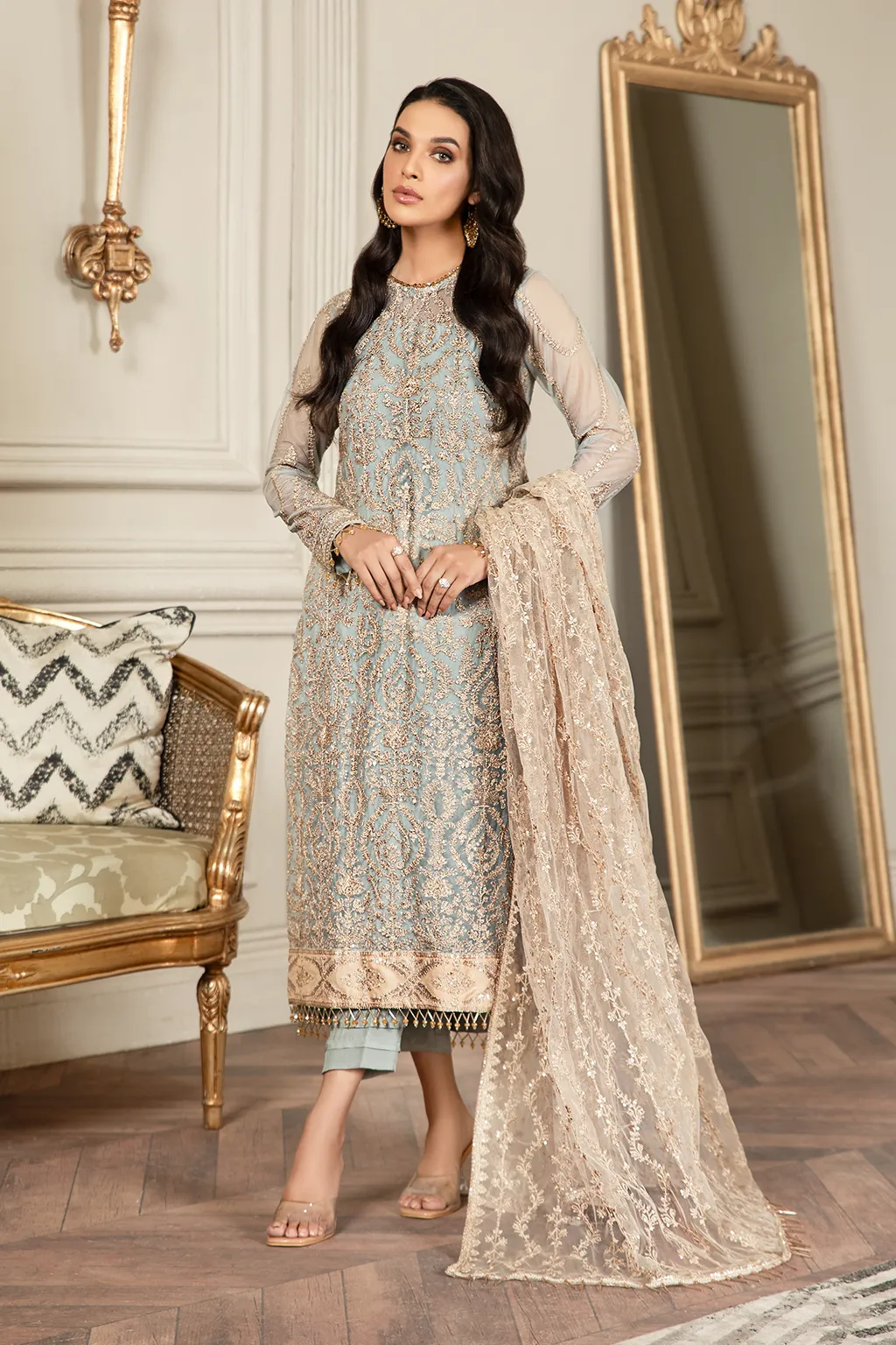 Pakistani Embroidered Sky Blue Kameez in Capri Style Party Wear
