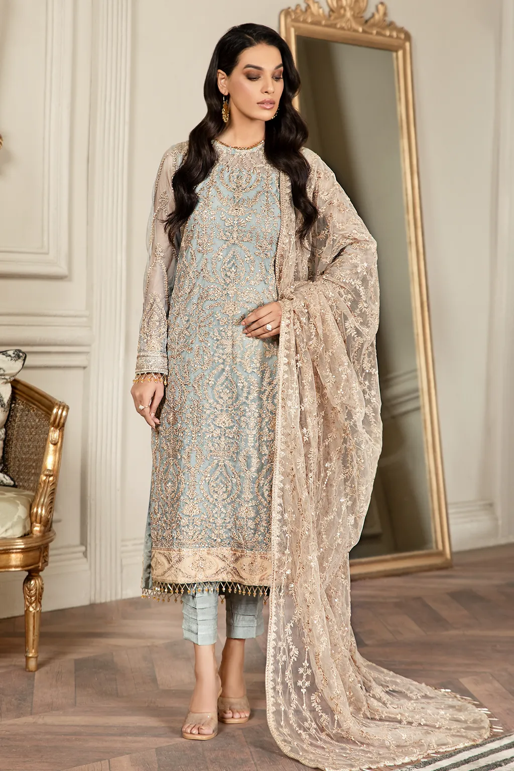 Pakistani Embroidered Sky Blue Kameez in Capri Style Party Wear