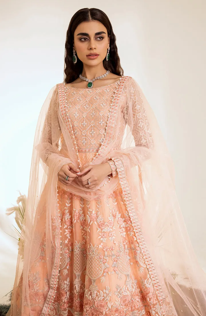 Peach Embroidered Pakistani Wedding Dress in Kalidar Pishwas Style