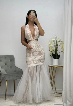 PEARL HALTER MERMAID TULLE MAXI DRESS