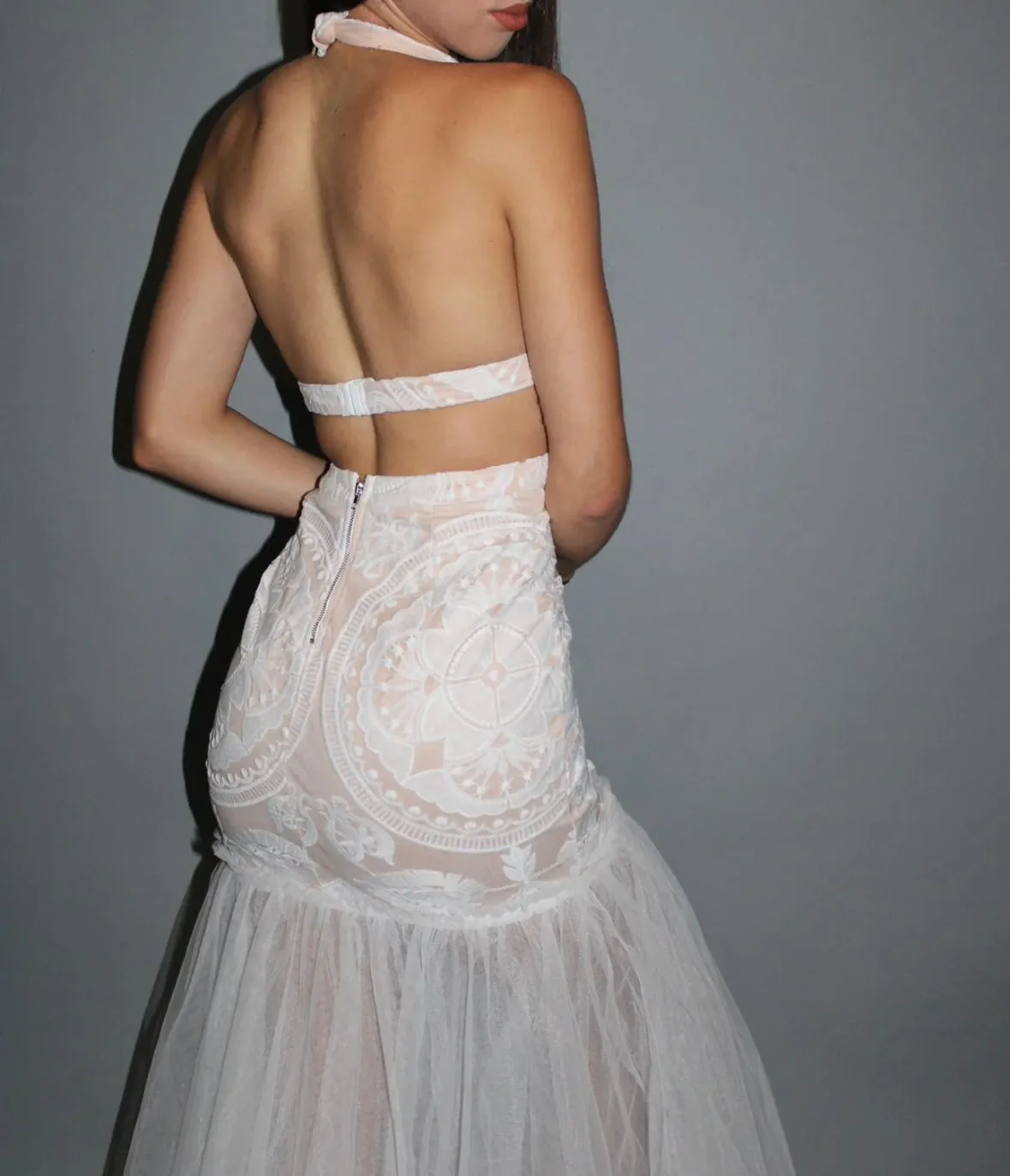 PEARL HALTER MERMAID TULLE MAXI DRESS