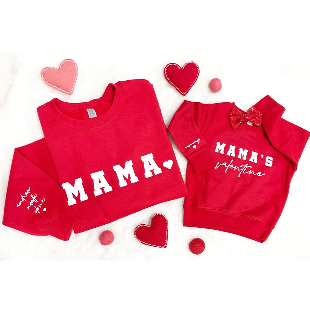 Personalized Mama & Mama's Valentine Sweatshirt with custom name on sleeve. Matching Sweatshirts for Mama and baby. Mommy and Me Sweatshirts RB24