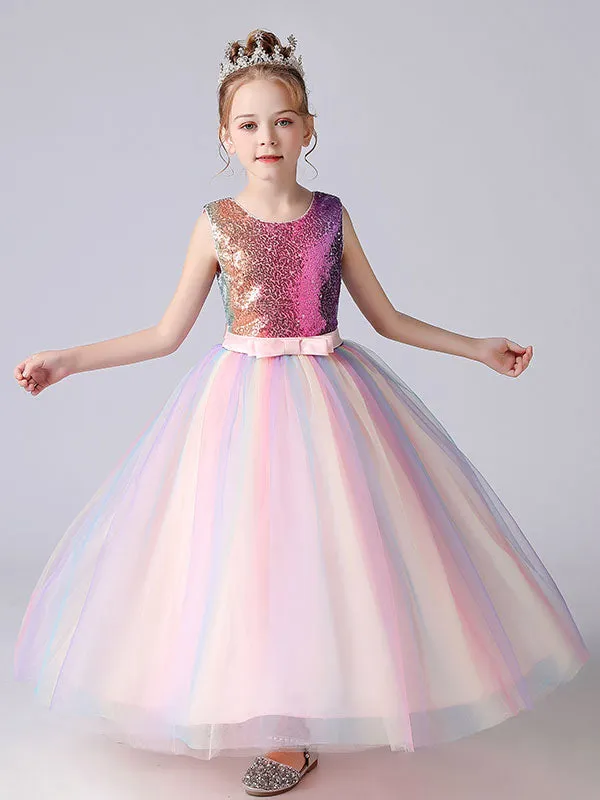 Pink Jewel Neck Sequined Sleeveless Ankle-Length Princess Dress Bows Kids Party Dresses