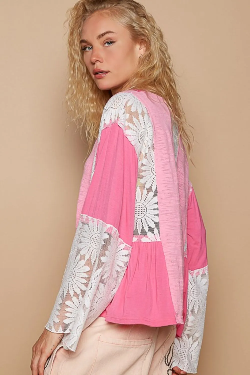 Pink Lace Detail V-Neck Flare Sleeve Blouse