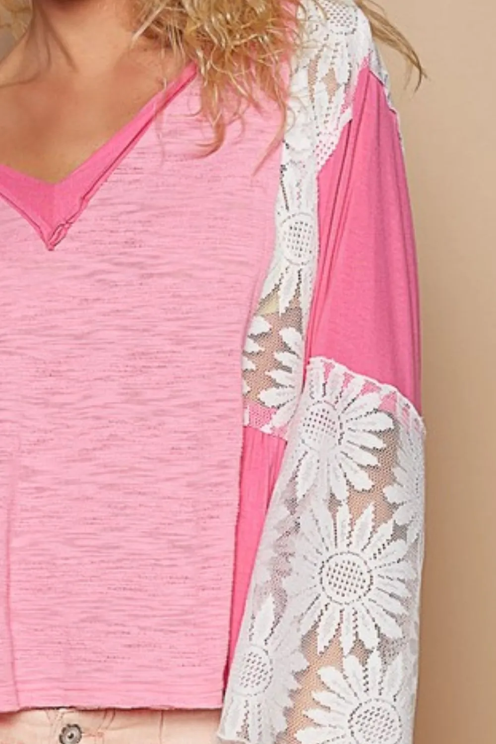 Pink Lace Detail V-Neck Flare Sleeve Blouse