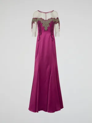 Pink Lace Detailed Studded Gown