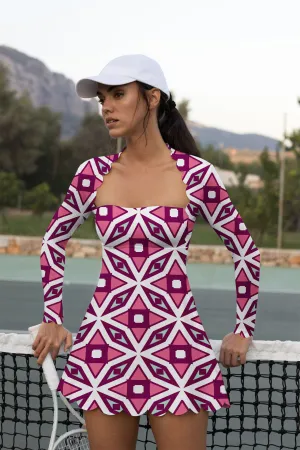 Pink Momentum Long-Sleeve Tennis Dress – Geometric Activewear for Women