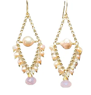Pink Pearl Chandelier Earrings with Moonstone