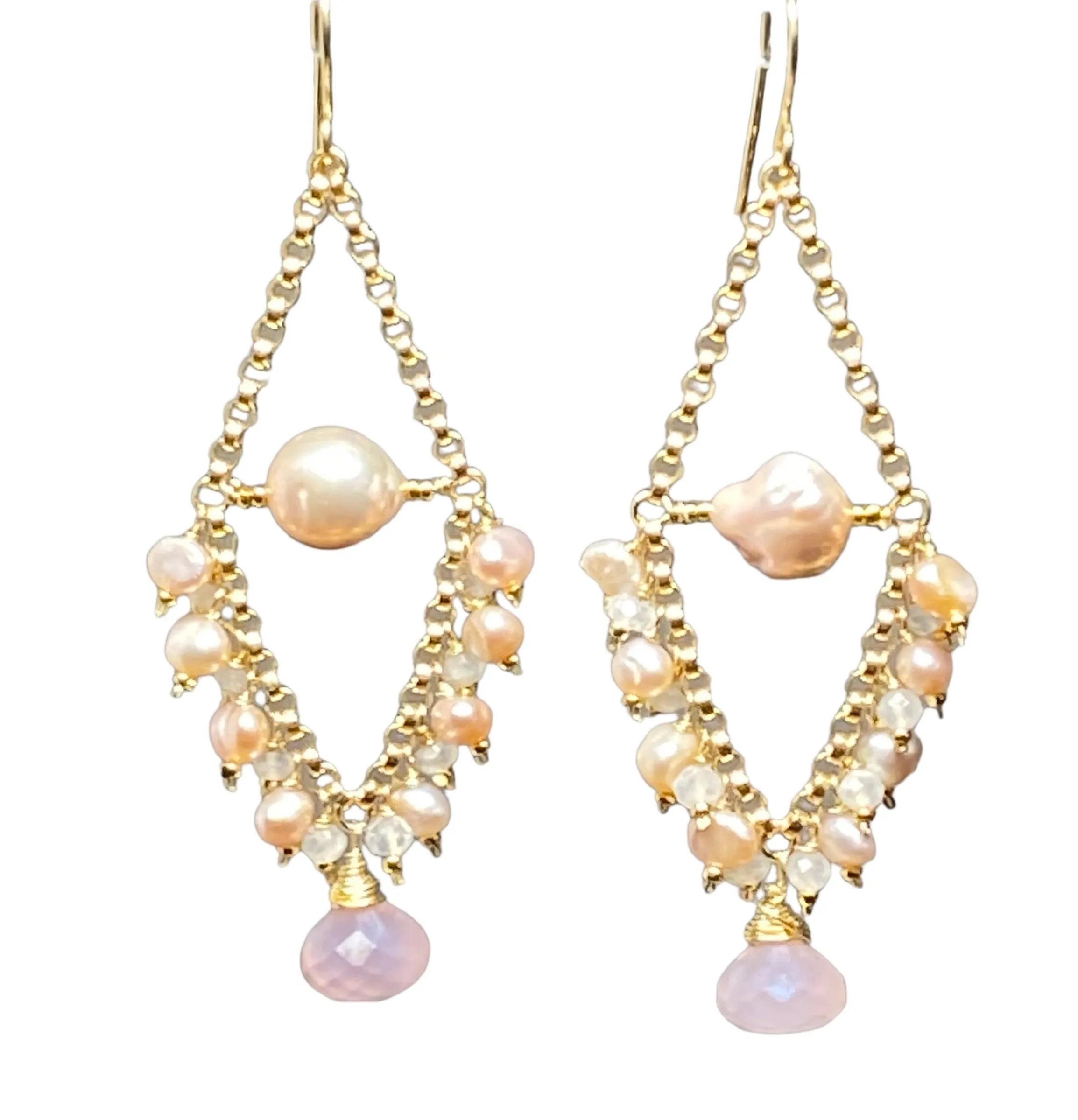 Pink Pearl Chandelier Earrings with Moonstone