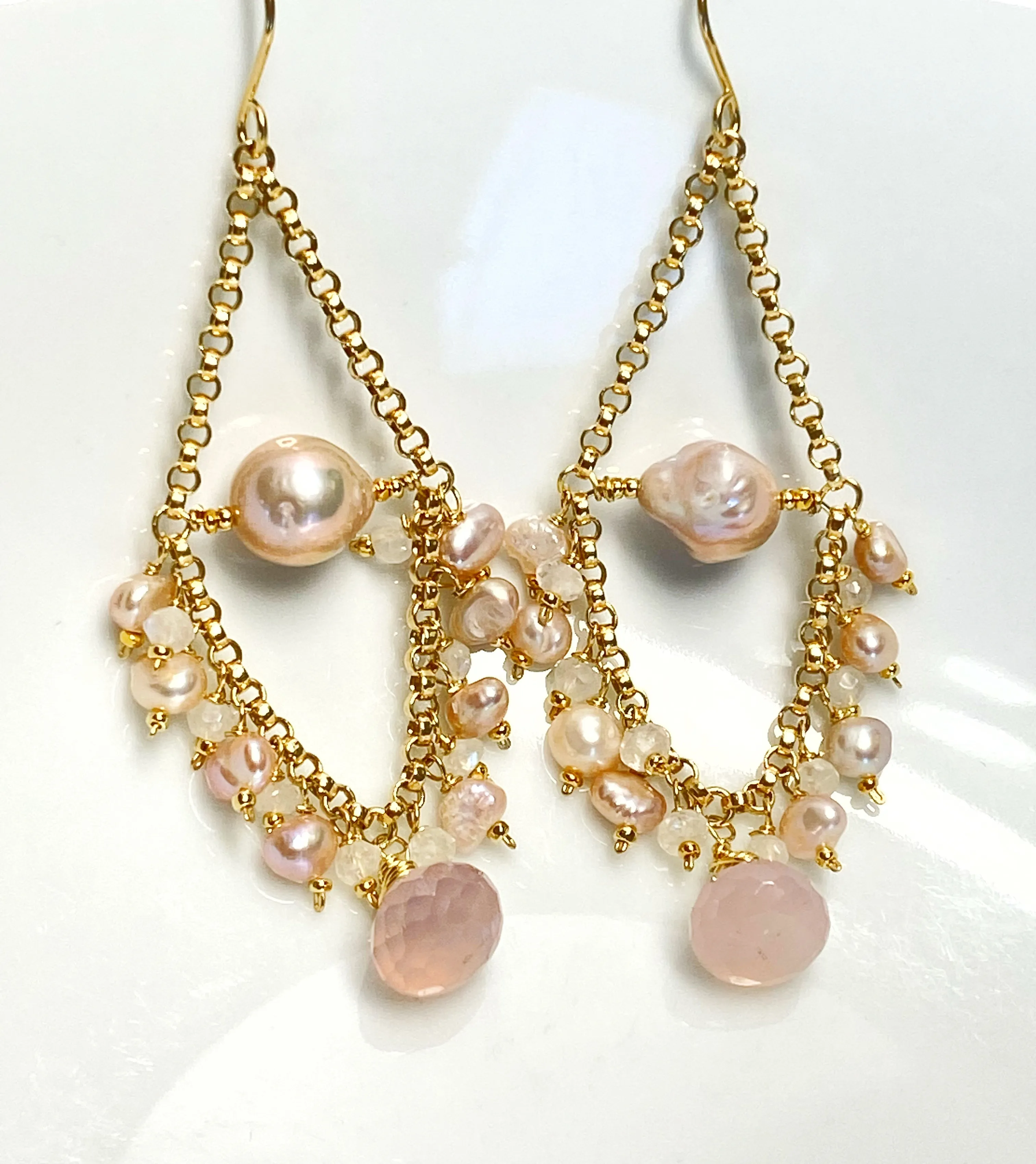 Pink Pearl Chandelier Earrings with Moonstone