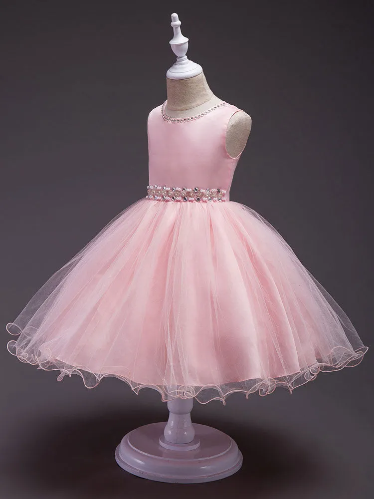 Pink Round Neck Sleeveless Tutu Dress Tulle Rhinestones Studded Girls Dinner Party Dresses