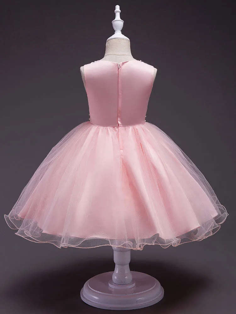 Pink Round Neck Sleeveless Tutu Dress Tulle Rhinestones Studded Girls Dinner Party Dresses