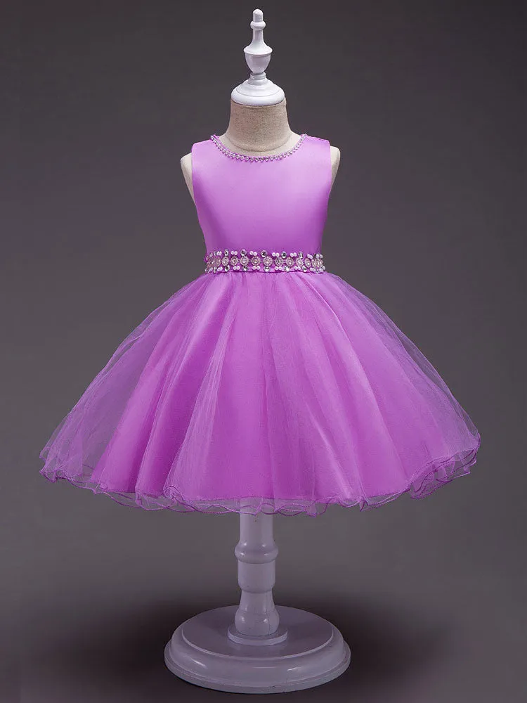 Pink Round Neck Sleeveless Tutu Dress Tulle Rhinestones Studded Girls Dinner Party Dresses
