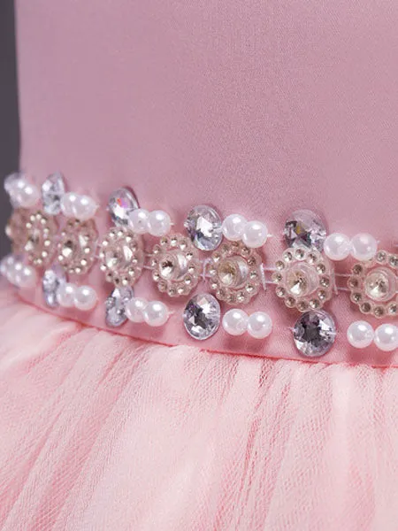 Pink Round Neck Sleeveless Tutu Dress Tulle Rhinestones Studded Girls Dinner Party Dresses