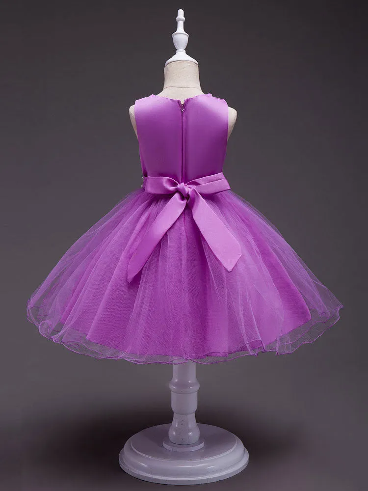 Pink Round Neck Sleeveless Tutu Dress Tulle Rhinestones Studded Girls Dinner Party Dresses