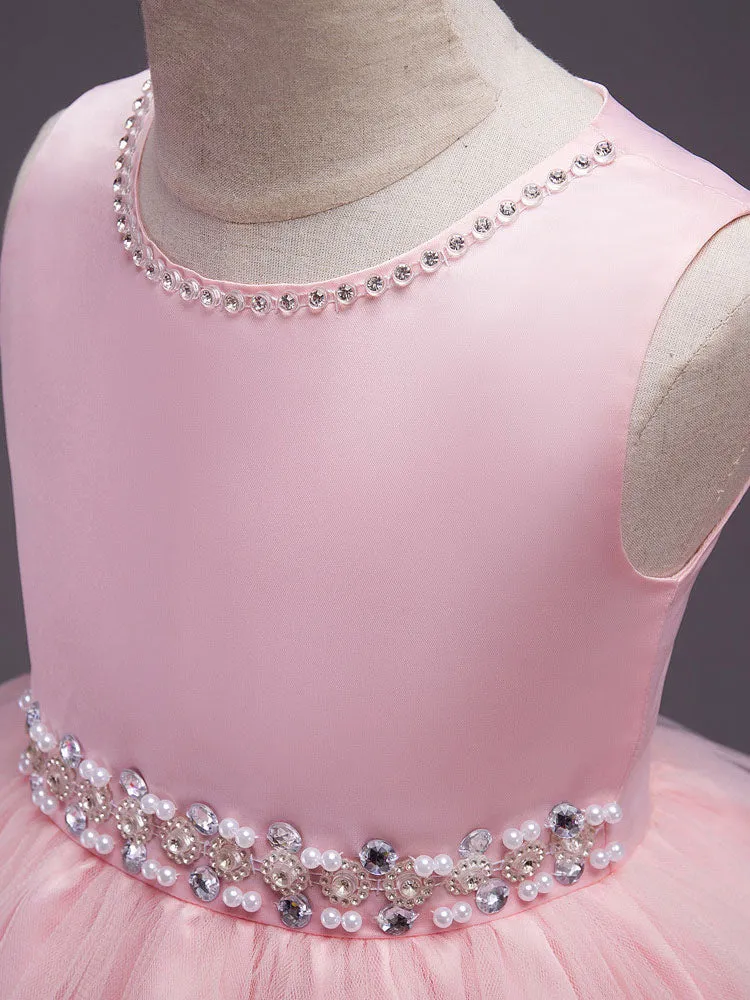 Pink Round Neck Sleeveless Tutu Dress Tulle Rhinestones Studded Girls Dinner Party Dresses