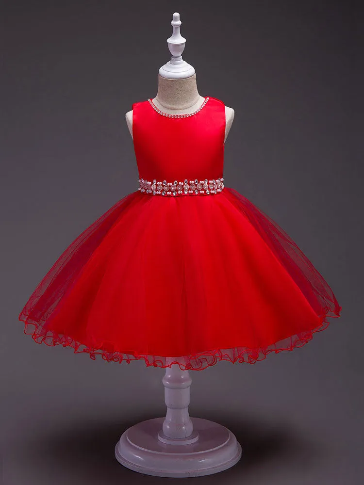 Pink Round Neck Sleeveless Tutu Dress Tulle Rhinestones Studded Girls Dinner Party Dresses