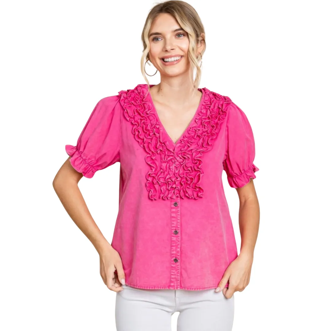 Pink top with scrunchie neckline