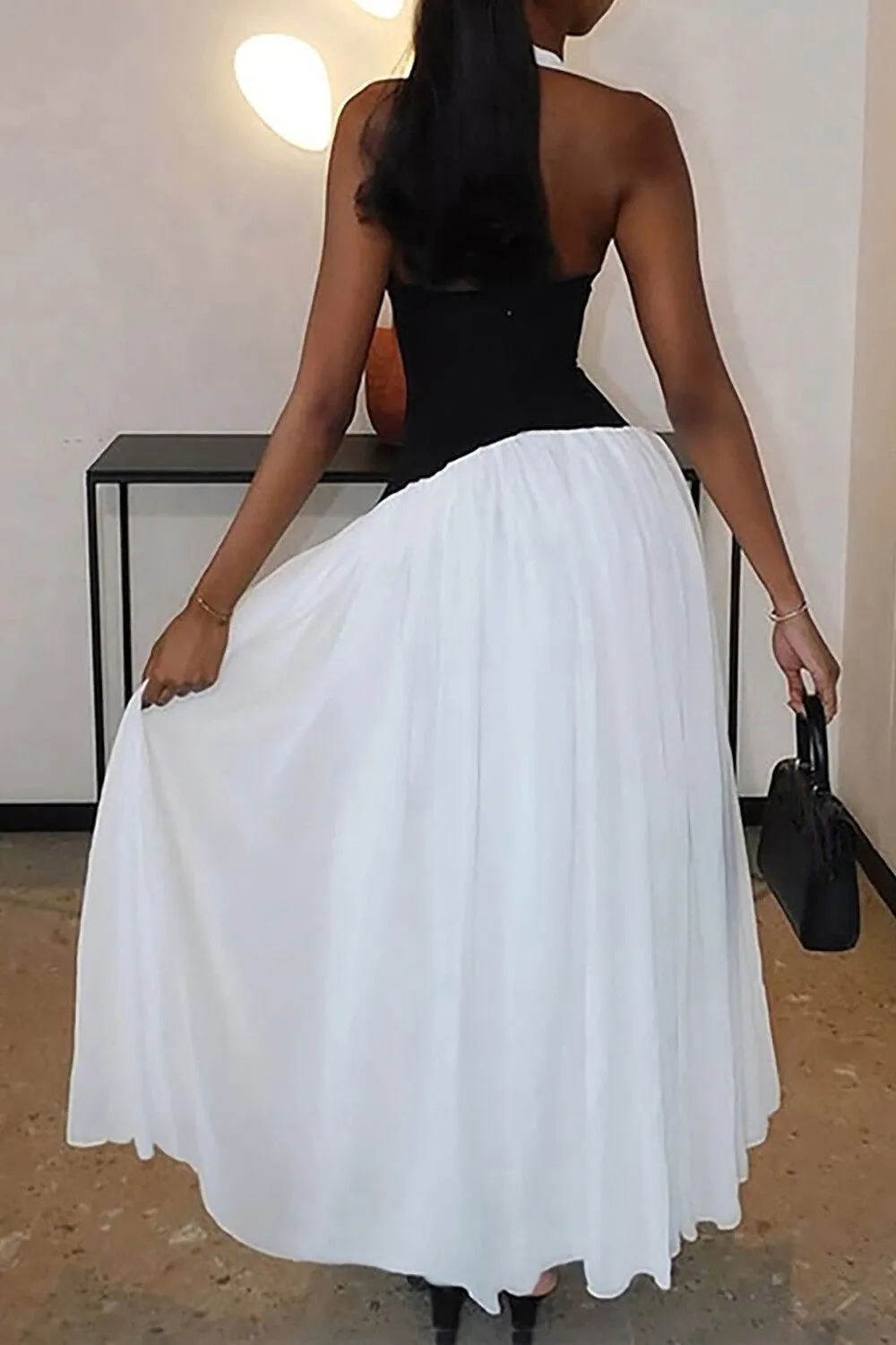 Plunge Neck Colorblock Patchwork Cinch Waist Halter Maxi Dresses-White