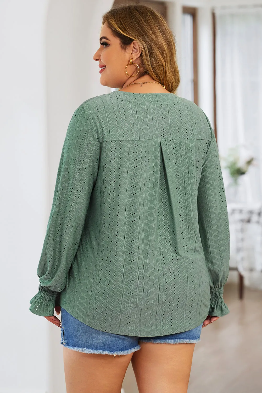 Plus Size Eyelet Notched Flounce Sleeve Blouse (4 Colors)
