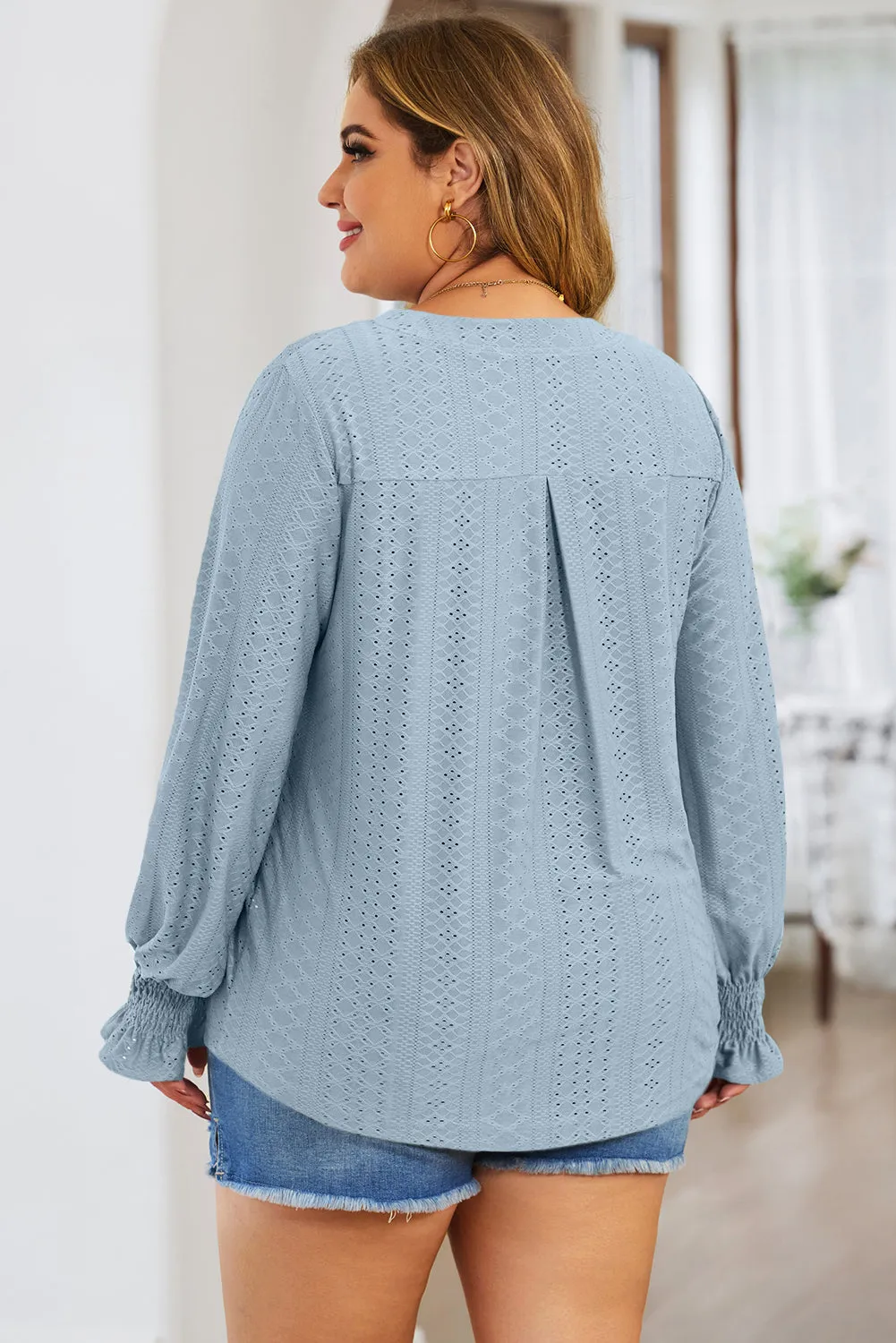 Plus Size Eyelet Notched Flounce Sleeve Blouse (4 Colors)