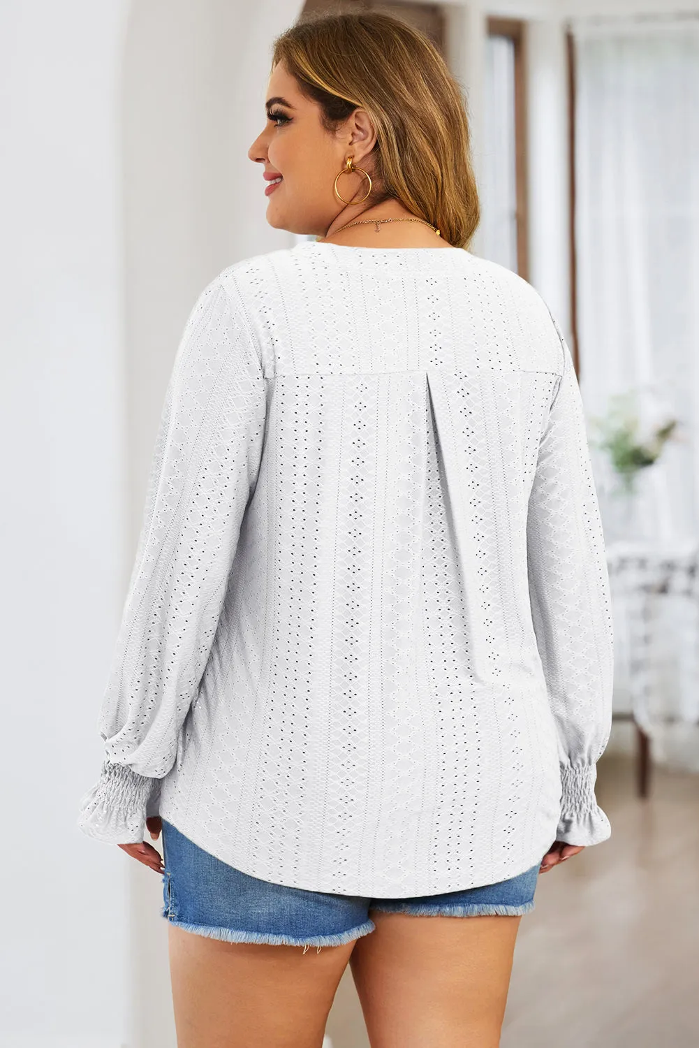 Plus Size Eyelet Notched Flounce Sleeve Blouse (4 Colors)
