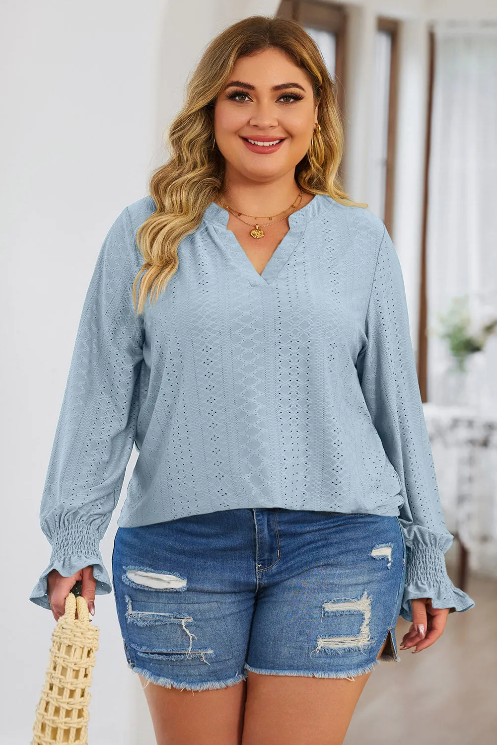 Plus Size Eyelet Notched Flounce Sleeve Blouse (4 Colors)