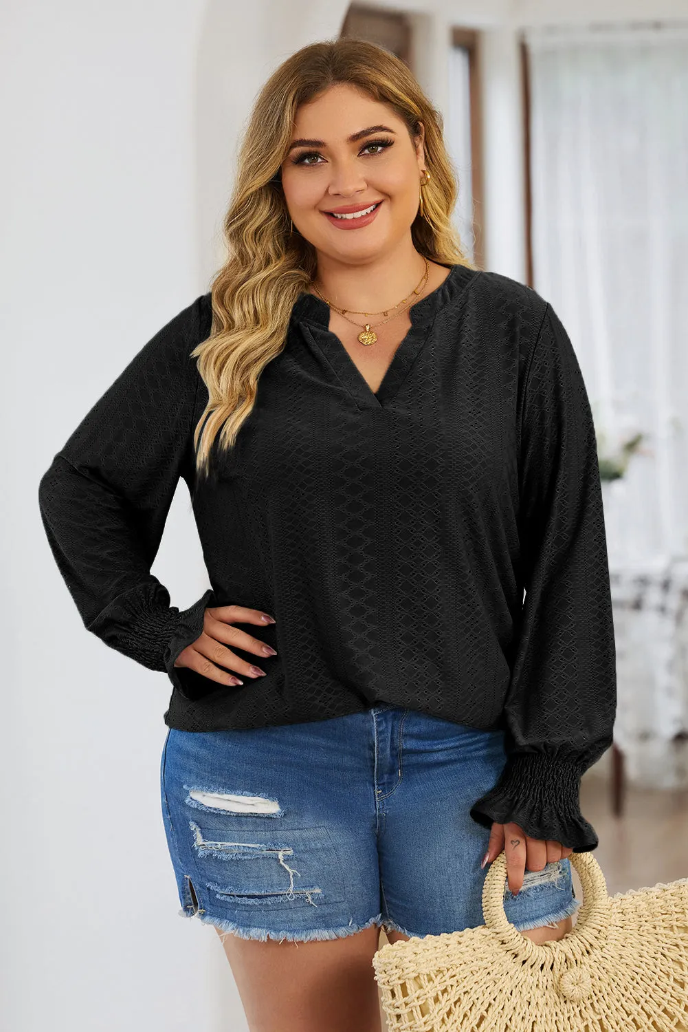 Plus Size Eyelet Notched Flounce Sleeve Blouse (4 Colors)