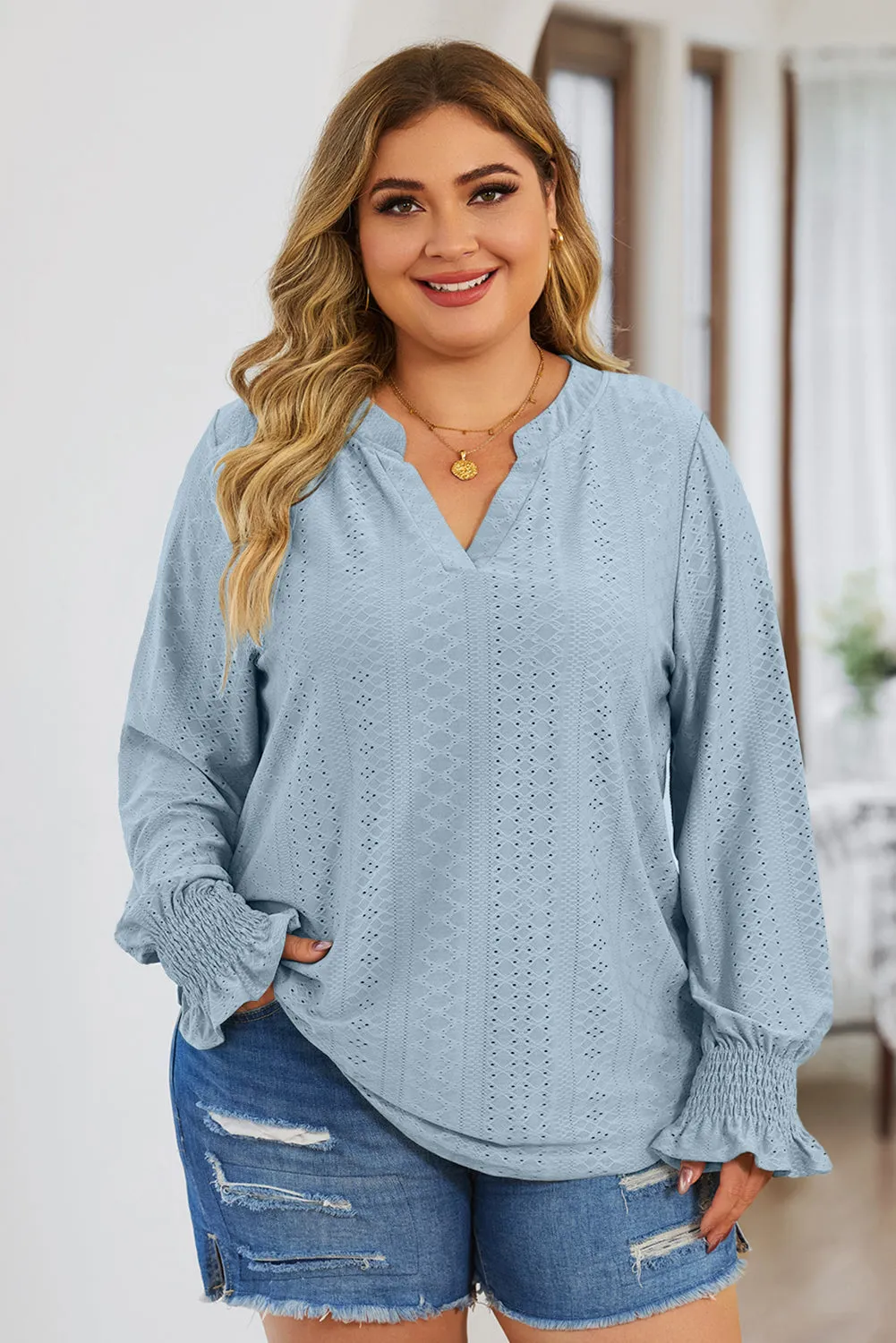 Plus Size Eyelet Notched Flounce Sleeve Blouse (4 Colors)