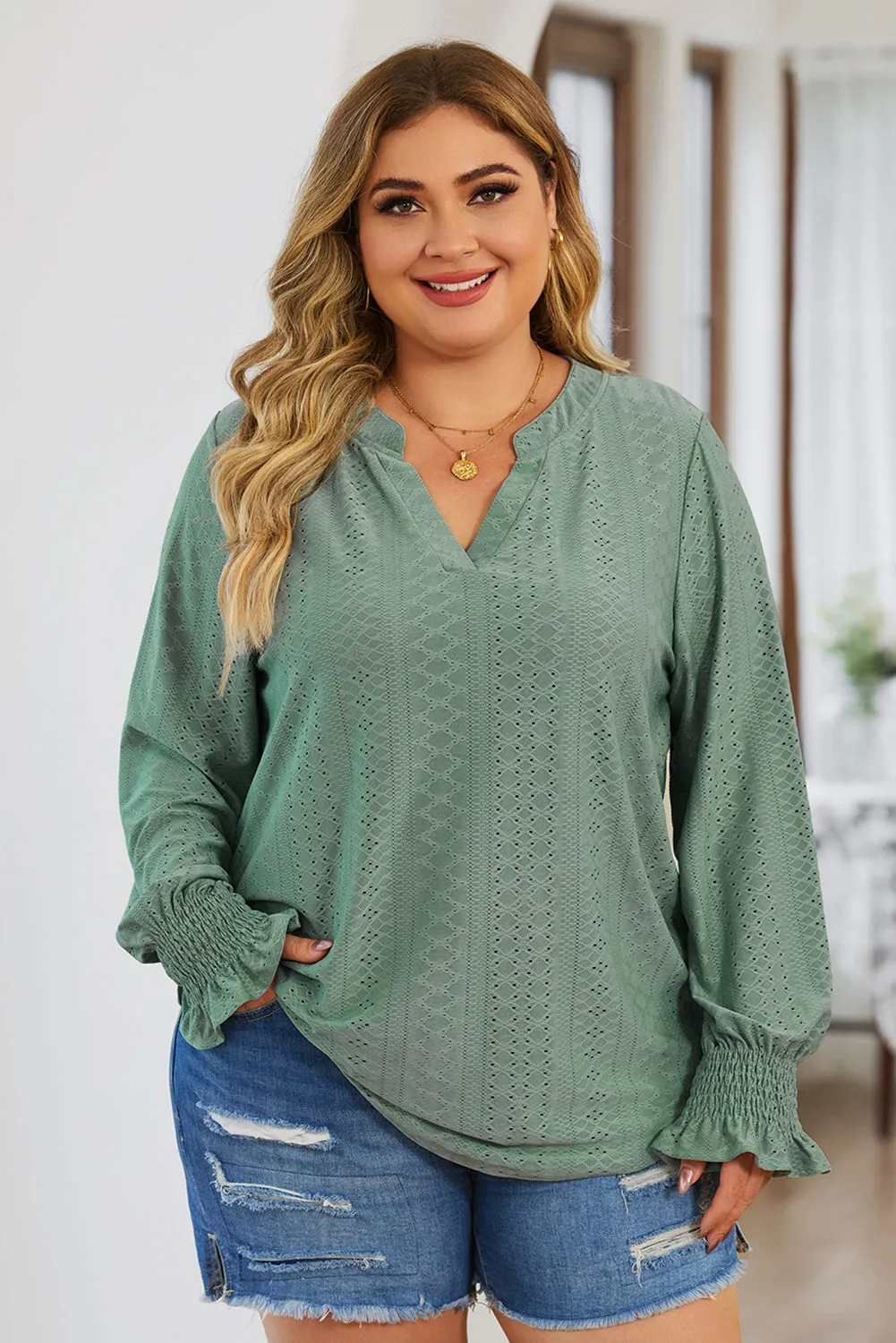Plus Size Eyelet Notched Flounce Sleeve Blouse (4 Colors)