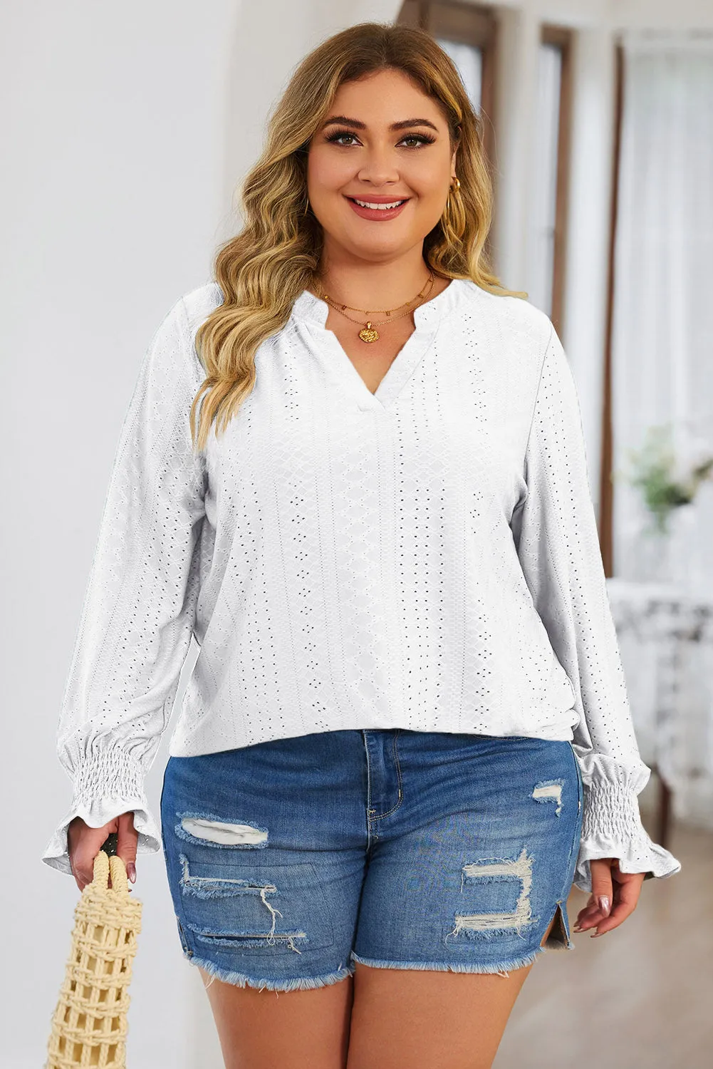 Plus Size Eyelet Notched Flounce Sleeve Blouse (4 Colors)