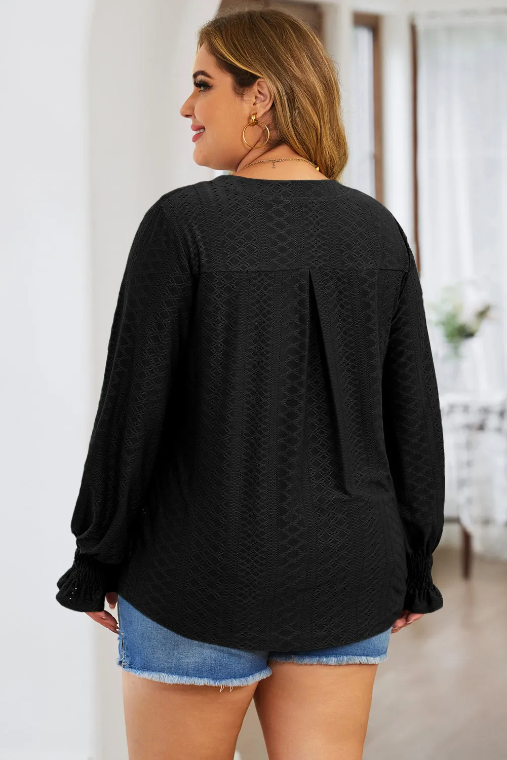 Plus Size Eyelet Notched Flounce Sleeve Blouse (4 Colors)