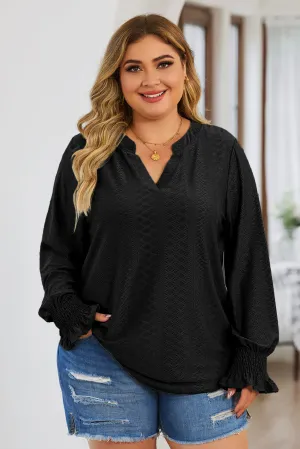 Plus Size Eyelet Notched Flounce Sleeve Blouse (4 Colors)