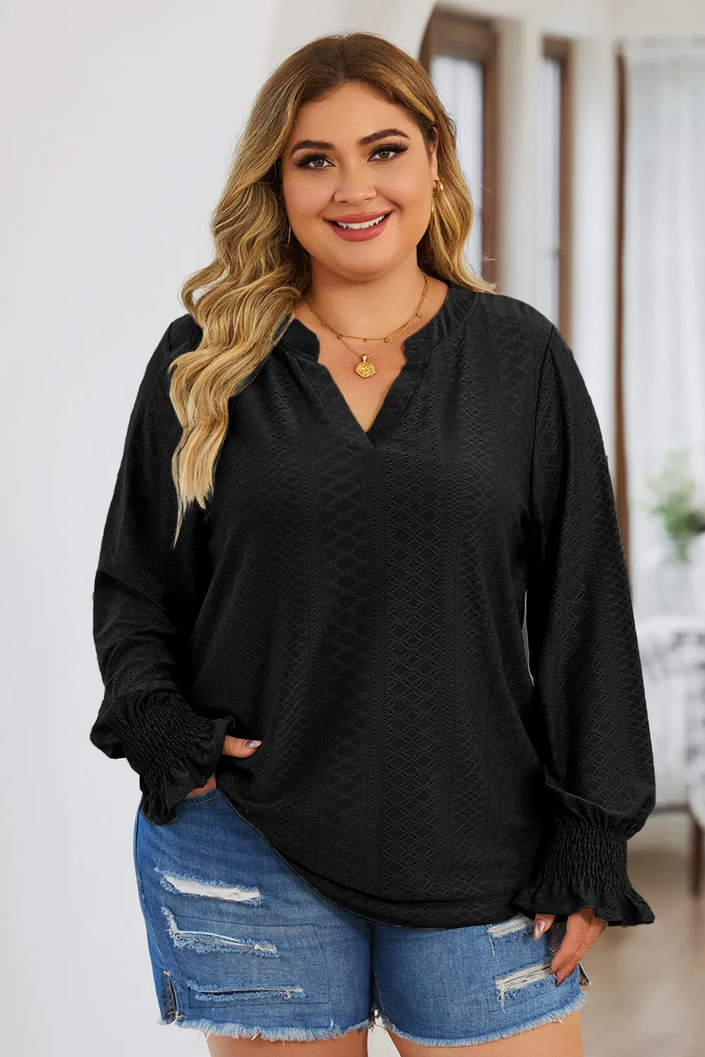 Plus Size Eyelet Notched Flounce Sleeve Blouse (4 Colors)