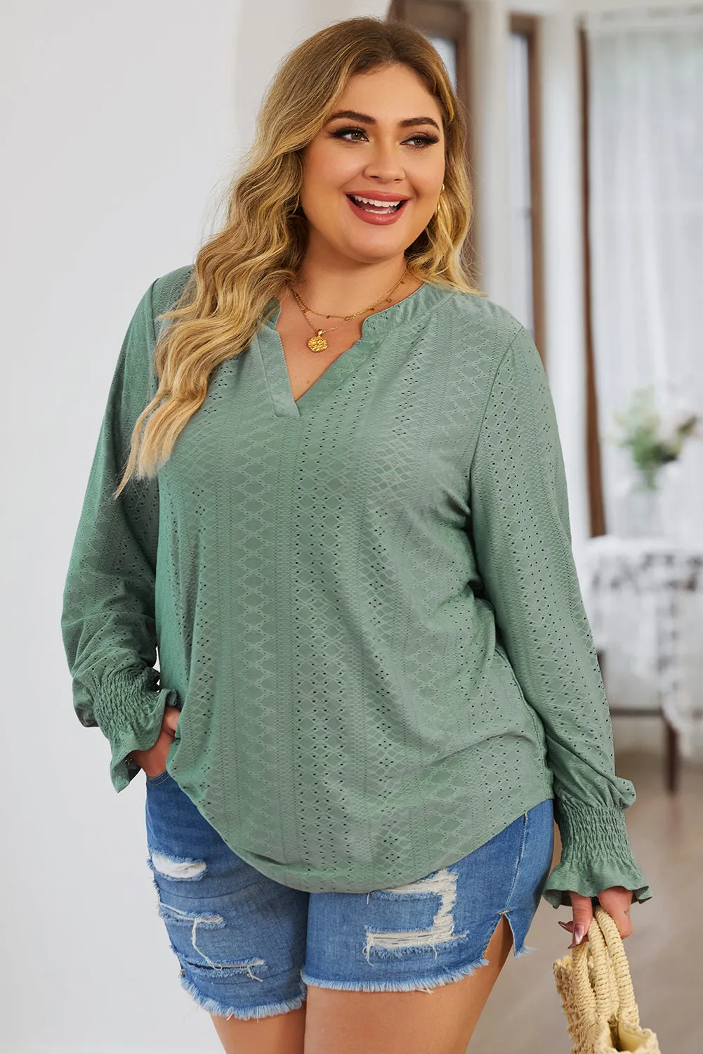 Plus Size Eyelet Notched Flounce Sleeve Blouse (4 Colors)