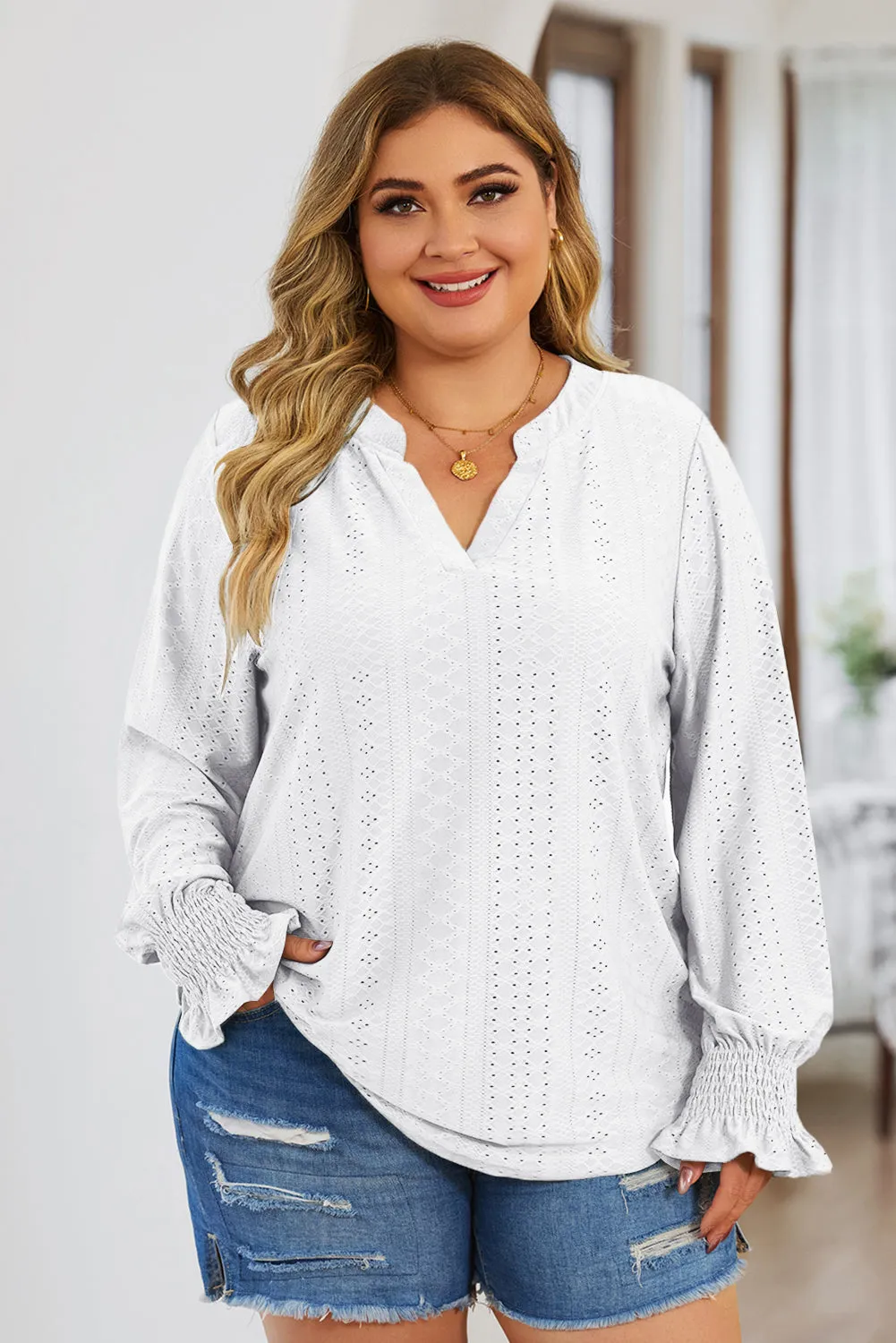 Plus Size Eyelet Notched Flounce Sleeve Blouse (4 Colors)