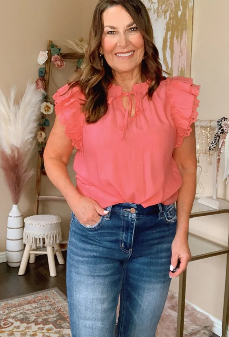 Pretty Girl Lace Sleeve Blouse in Coral