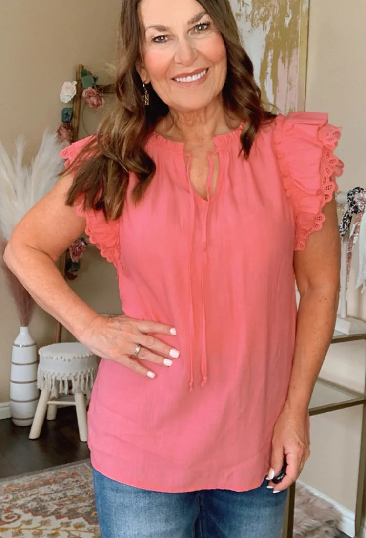 Pretty Girl Lace Sleeve Blouse in Coral