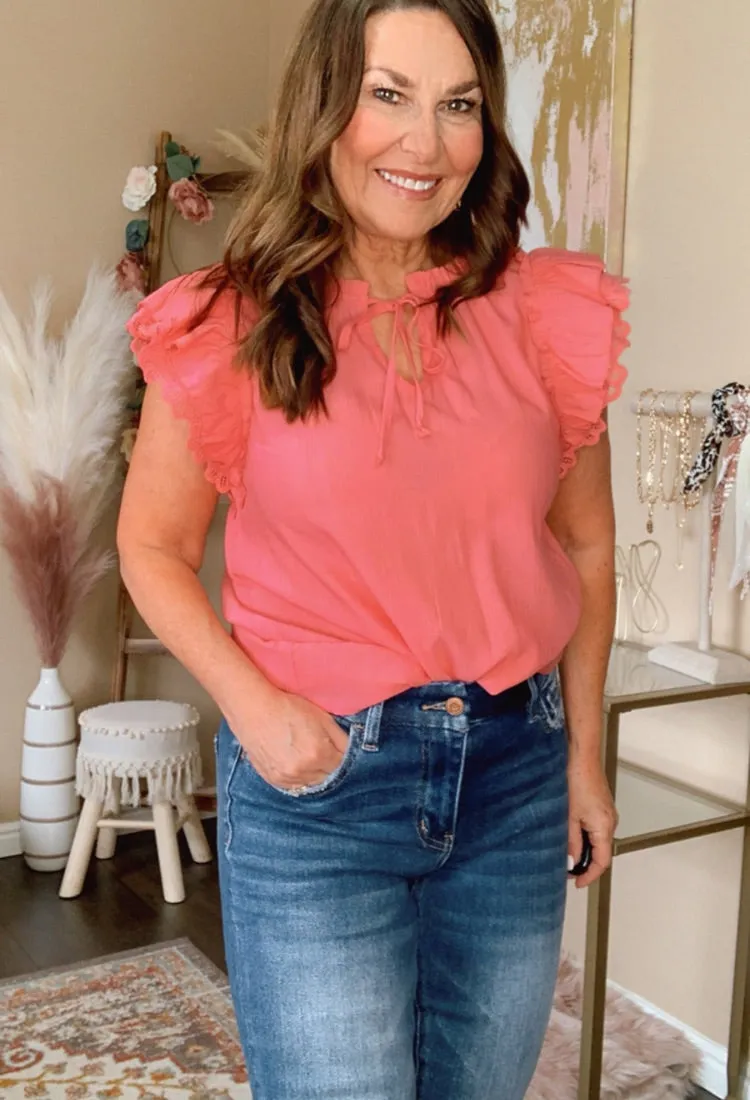 Pretty Girl Lace Sleeve Blouse in Coral