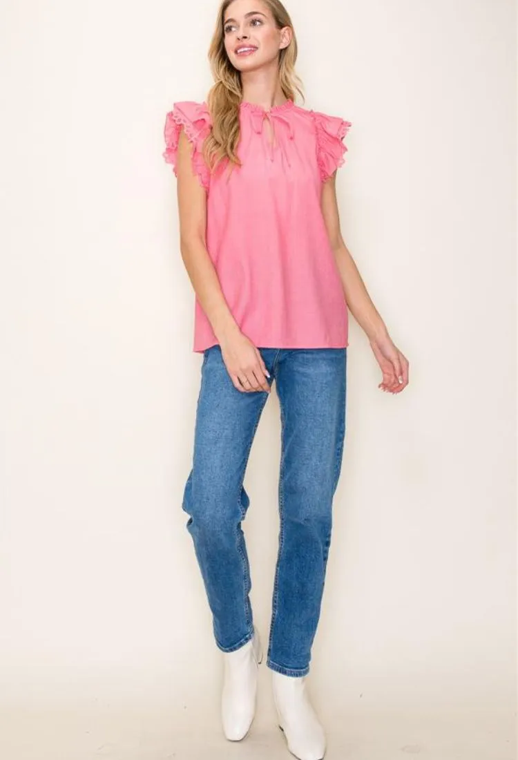Pretty Girl Lace Sleeve Blouse in Coral