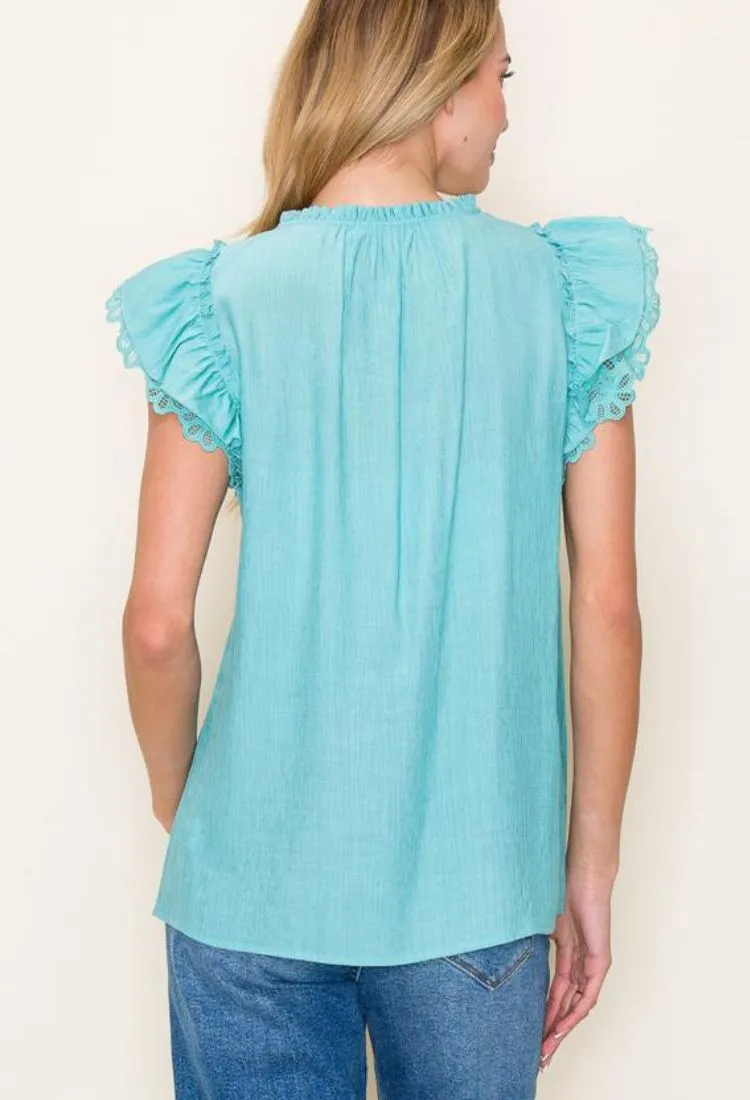Pretty Girl Lace Sleeve Blouse in Dark Mint