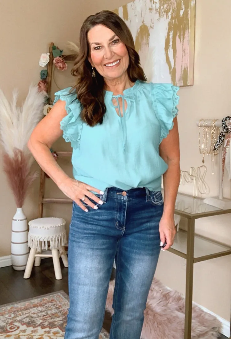 Pretty Girl Lace Sleeve Blouse in Dark Mint