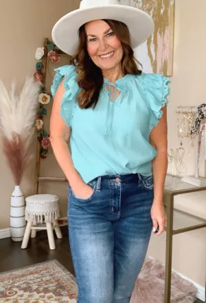 Pretty Girl Lace Sleeve Blouse in Dark Mint