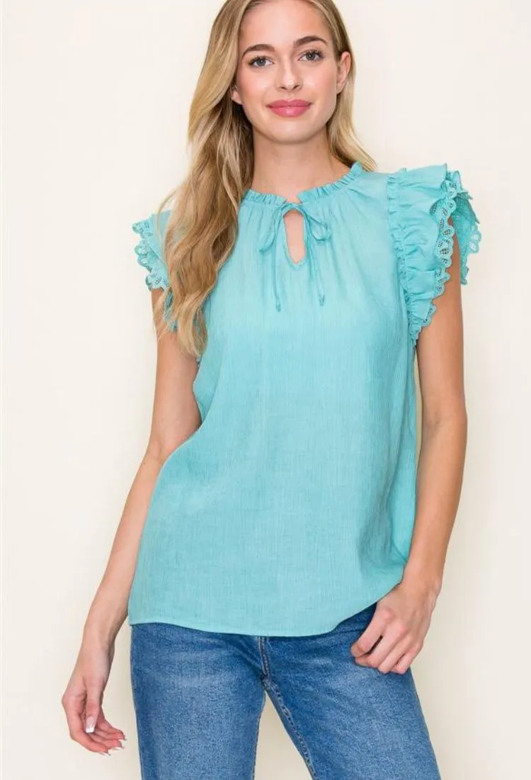 Pretty Girl Lace Sleeve Blouse in Dark Mint