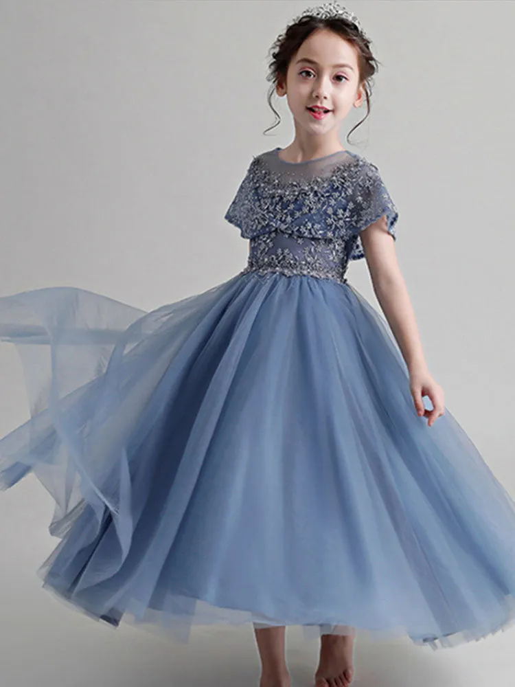 Pretty Jewel Neck Tulle Sleeveless Ankle Length Princess Embroidered Kids Party Dress